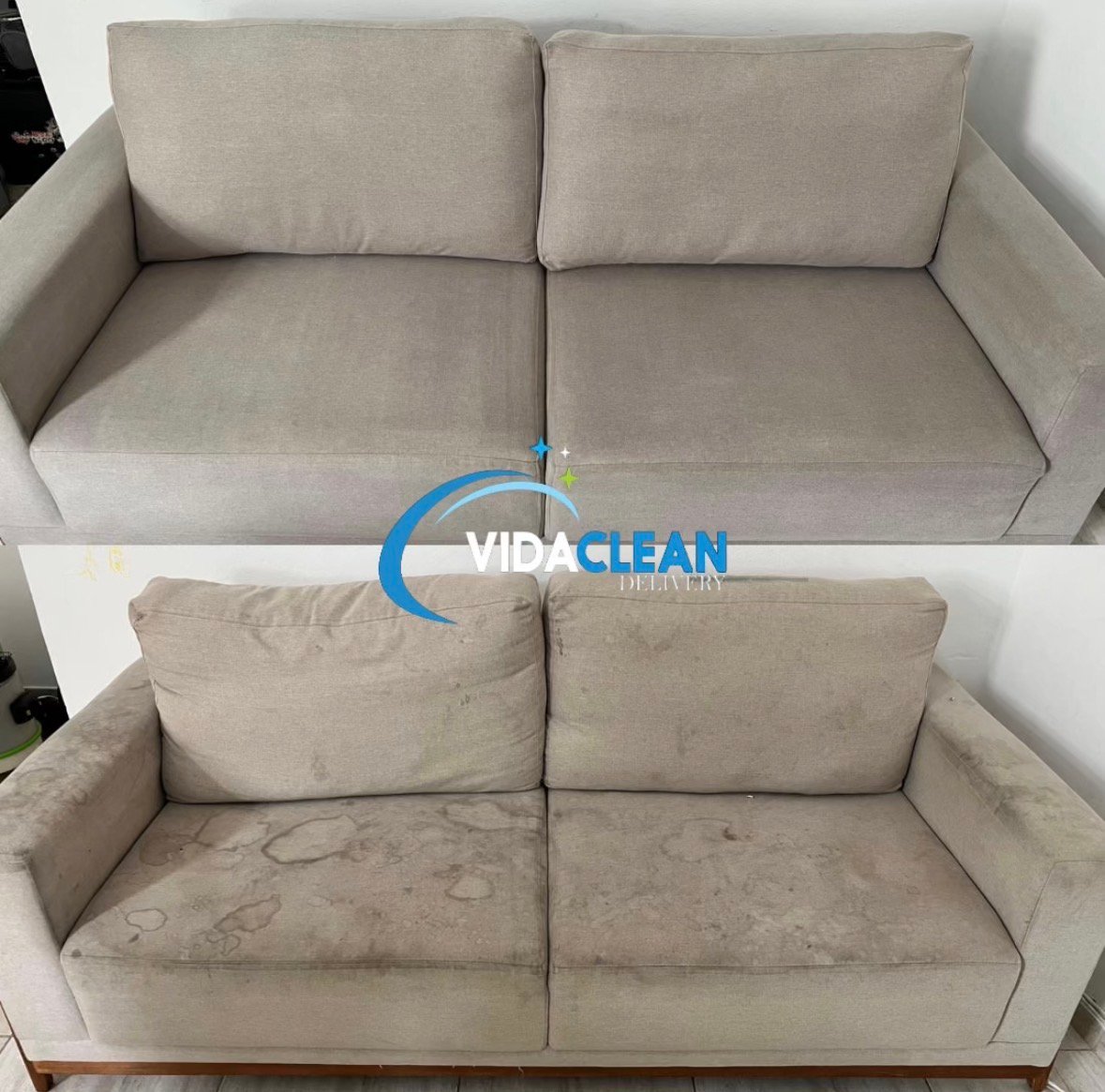 Antes e depois de sofá — publicação do Instagram da VidaClean Delivery